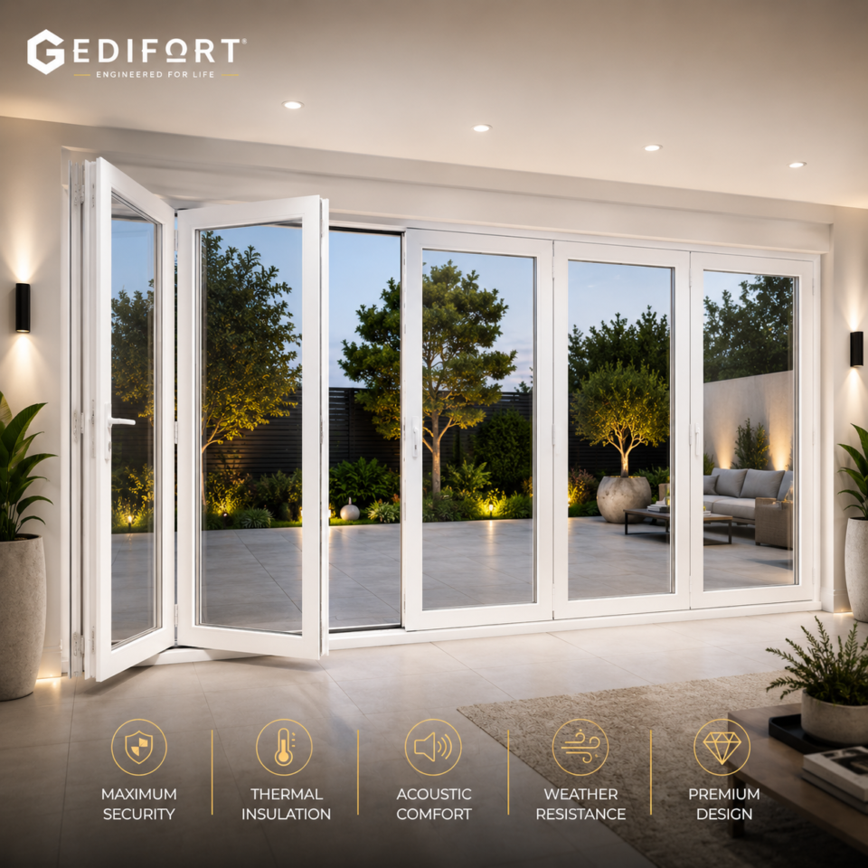 Luxury Aluminum Bifold Patio Door 240" W x 96" H – 6 Panel – Center Open – White Thermal Break | Edifort