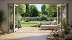 Beautiful garden and patio in summer seen from stylish designer room through bifold doors.