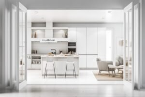 White interior design, architect designer concept, blurred background, white folding door opening into minimalist classic kitchen with island and chairs, sofa and carpet, marble floor. Generative AI