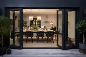 The chic, modern bifold doors elegantly showcase the interior of a fashionable and inviting kitchen diner, carefully curated with a designer aesthetic.