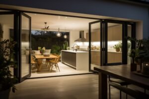 Stylish bifold doors reveal designer kitchen-diner at night. Generative AI
