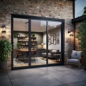 glass door separating a cozy backyard from a modern interior, generative ai