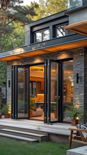 a folding aluminium door that opens to the terrace