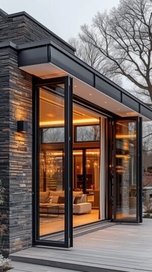 a folding aluminium door that opens to the terrace