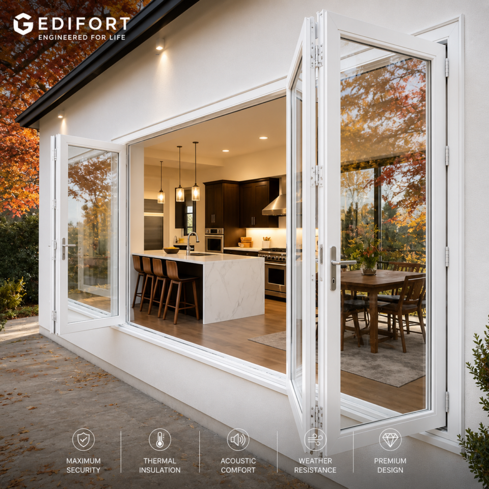 Luxury Aluminum Bifold Patio Door 144" W x 96" H – 4 Panel – Center Open – White Thermal Break | Edifort