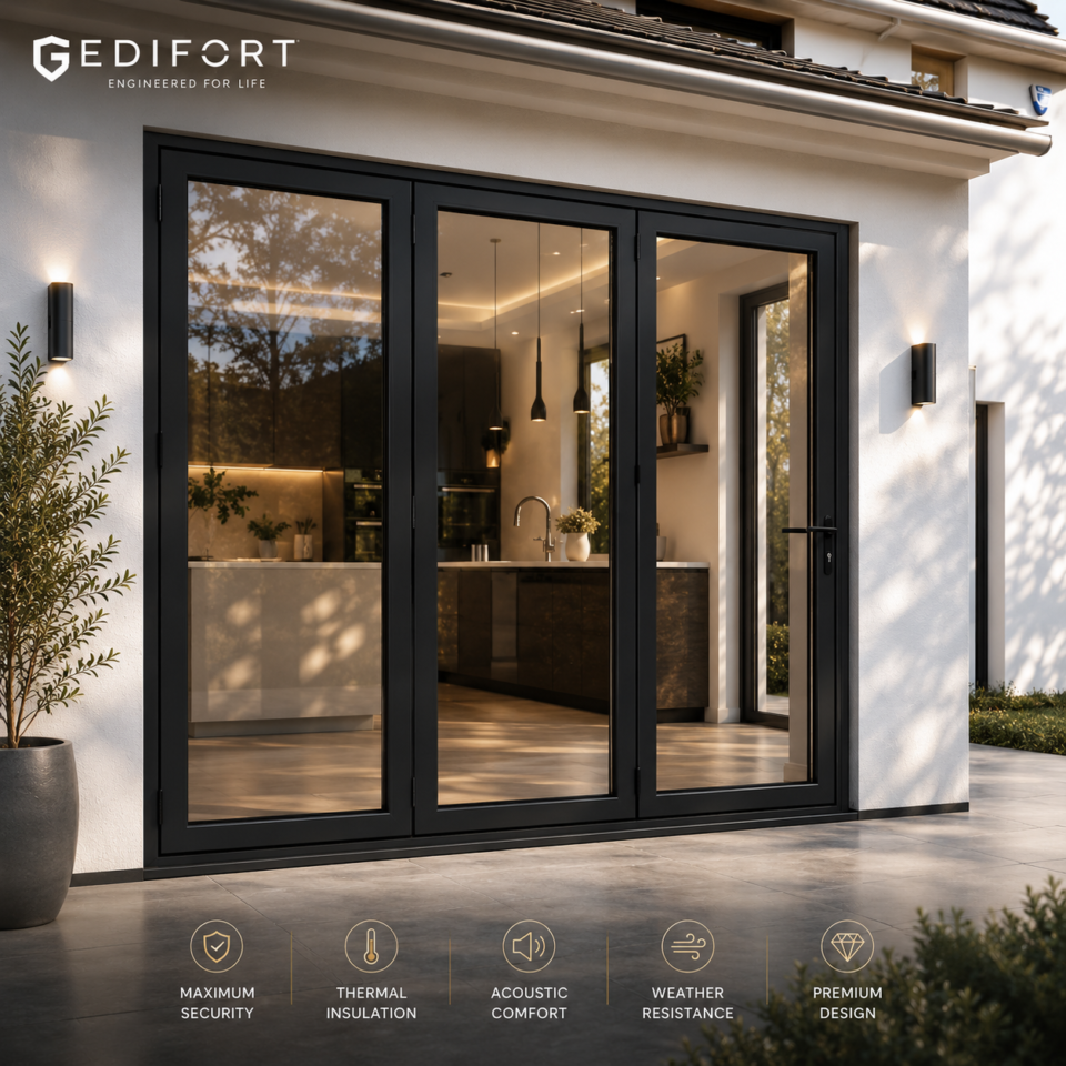 Luxury Aluminum Bifold Patio Door 108" W x 96" H – 3 Panel – Left Fold – Black Thermal Break | Edifort