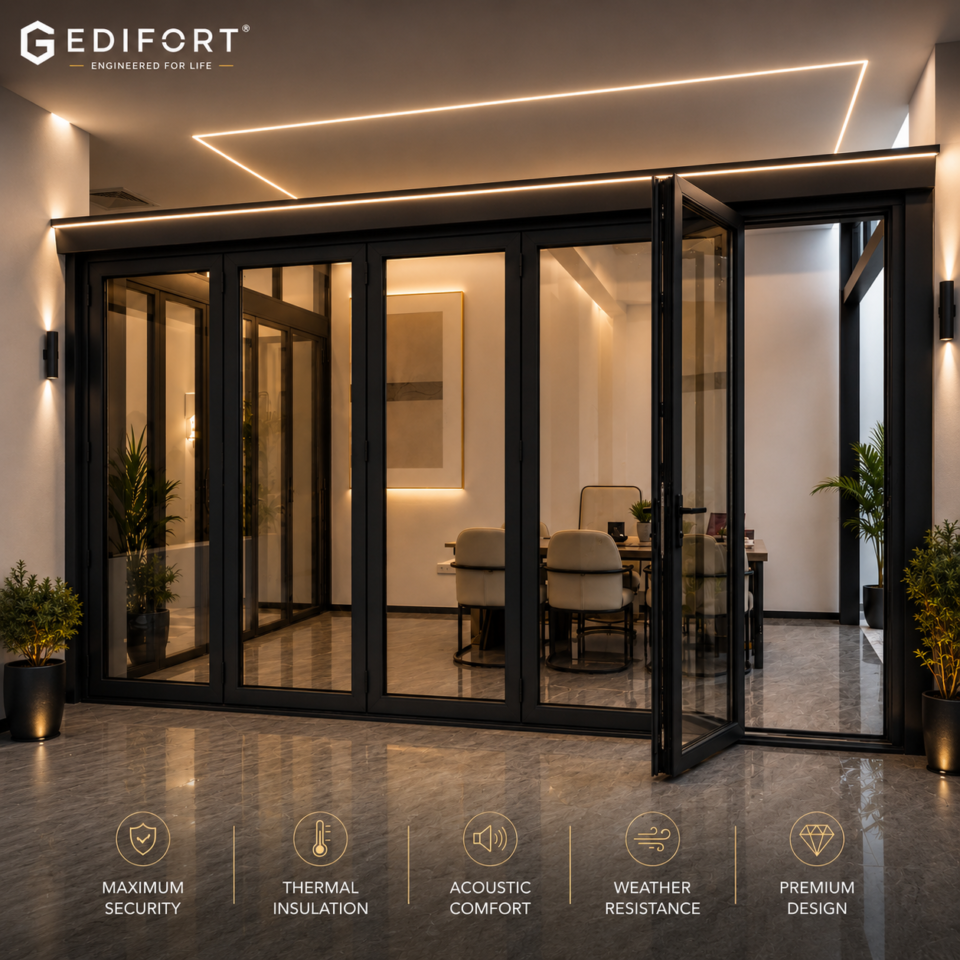 Luxury Aluminum Bifold Patio Door 192" W x 96" H – 5 Panel – Left Fold – Black Thermal Break | Edifort