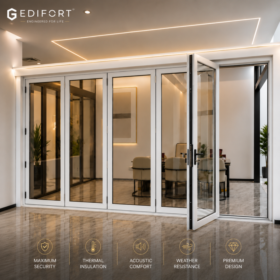 Luxury Aluminum Bifold Patio Door 192" W x 96" H – 5 Panel – Left Fold – White Thermal Break | Edifort
