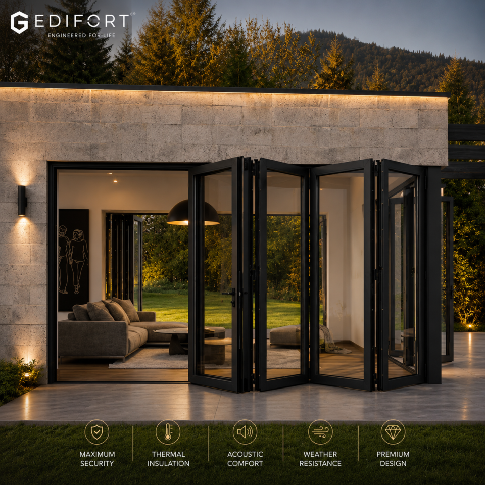 Luxury Aluminum Bifold Patio Door 144" W x 80" H – 5 Panel – Right Fold – Black Thermal Break | Edifort