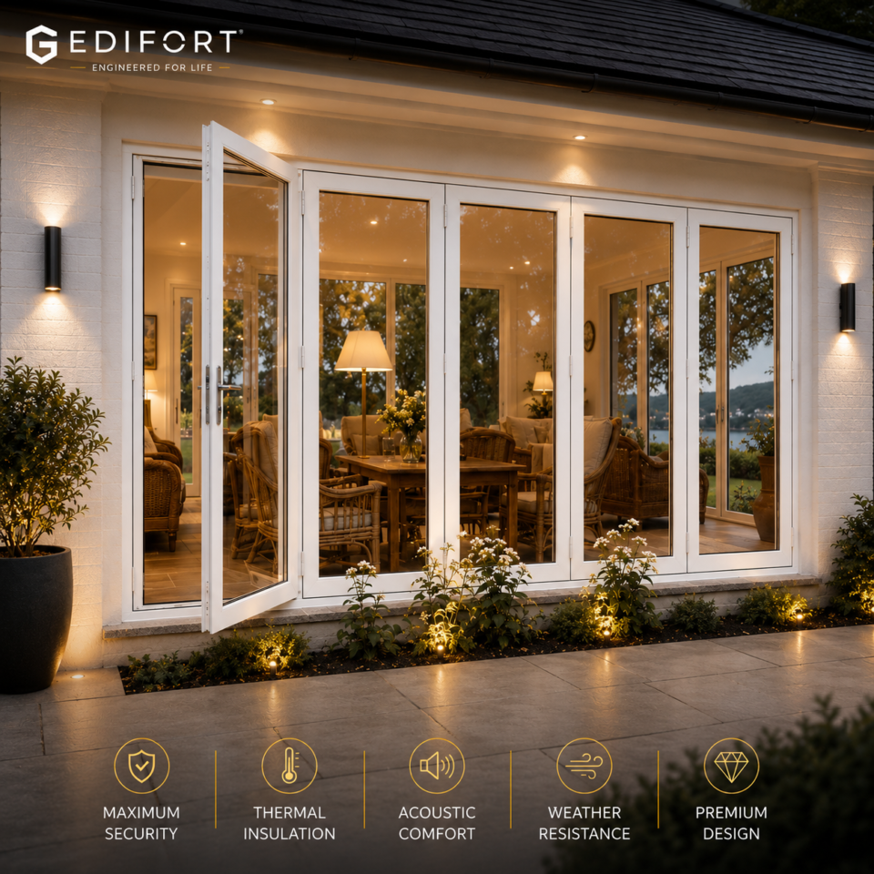 Luxury Aluminum Bifold Patio Door 192" W x 96" H – 5 Panel – Right Fold – White Thermal Break | Edifort