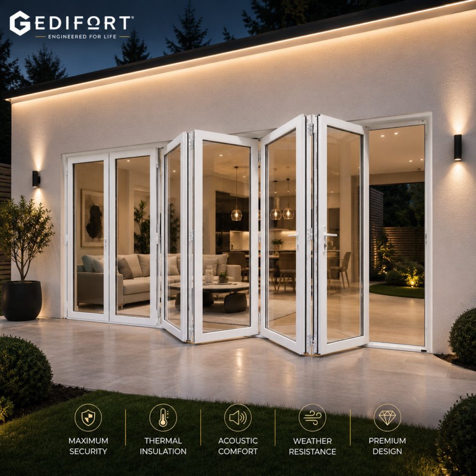 Luxury Aluminum Bifold Patio Door 240" W x 96" H – 7 Panel – Left Fold – White Thermal Break | Edifort