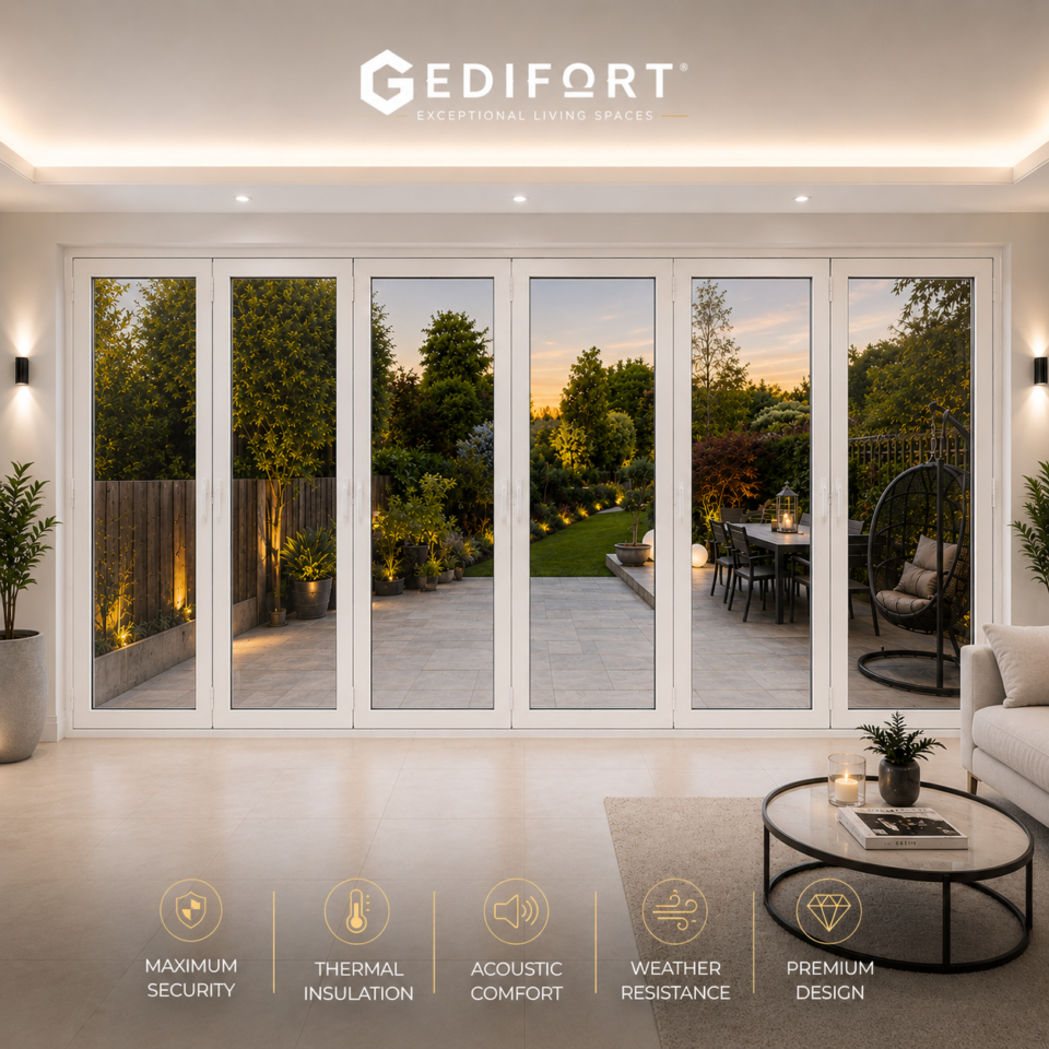 Luxury Aluminum Bifold Patio Door 240" W x 96" H – 7 Panel – Right Fold – White Thermal Break | Edifort