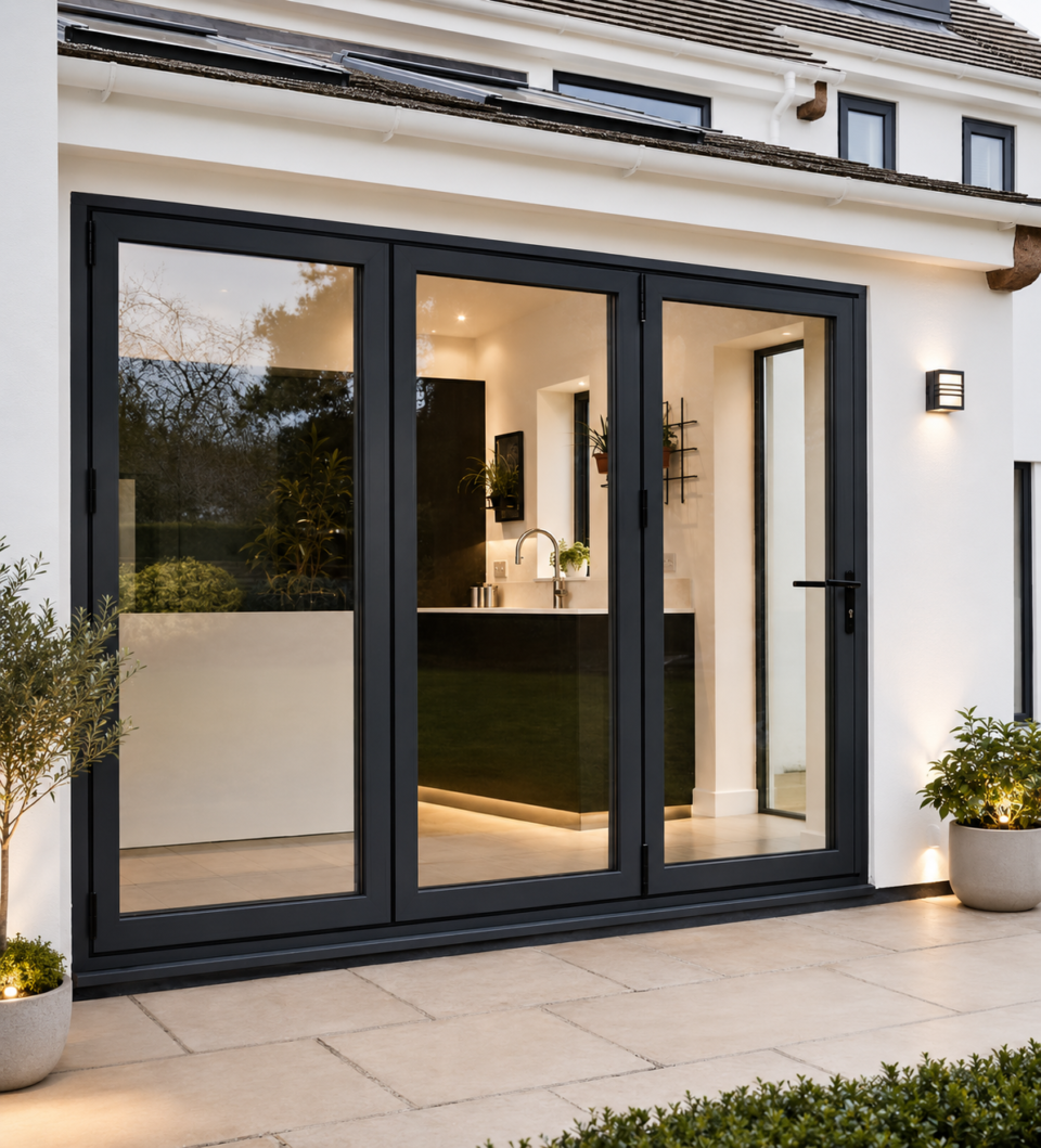Luxury Aluminum Bifold Patio Door 108" W x 96" H – 3 Panel – Left Fold – Black Thermal Break | Edifort