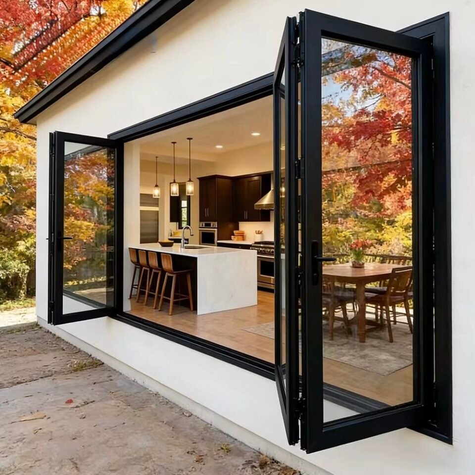 Luxury Aluminum Bifold Patio Door 144" W x 96" H – 4 Panel – Center Open – Black Thermal Break | Edifort