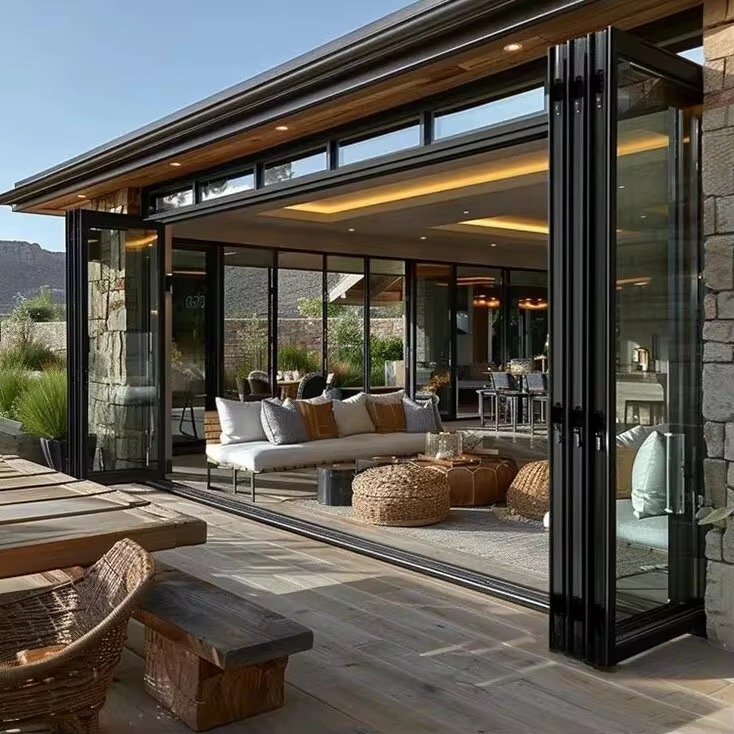 Luxury Aluminum Bifold Patio Door 144" W x 96" H – 4 Panel – Center Open – Black Thermal Break | Edifort