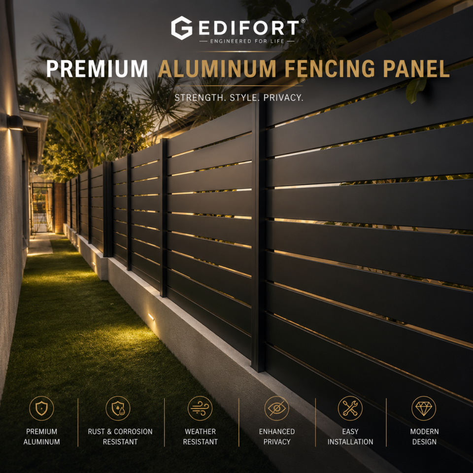 Edifort Luxury Aluminum Horizontal Fence Panel – 96" x 72" Modern Architectural Privacy Fencing with Post