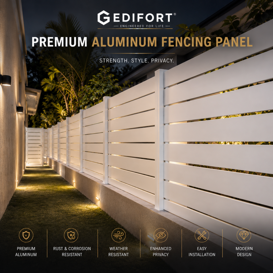 Edifort Luxury Aluminum Horizontal Fence Panel – 96" x 96" Modern Architectural Privacy Fencing with Post