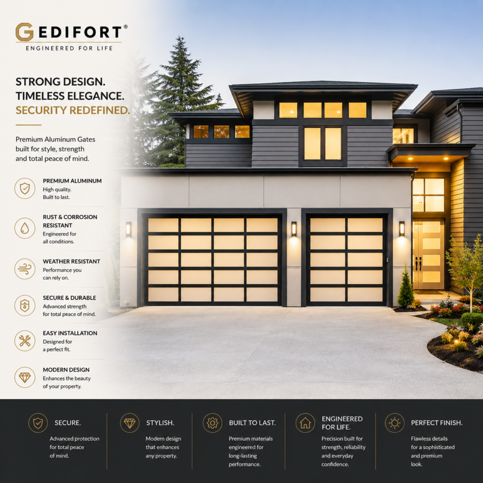 Edifort - Contemporary Aluminum Garage Door Frosted Tempered Glass with Matt Black Finish