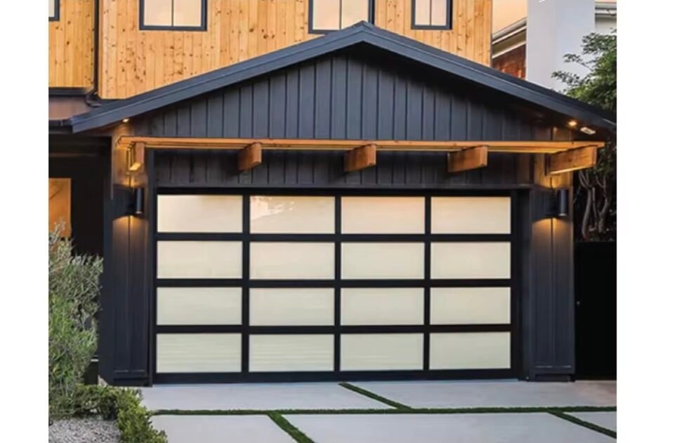 Edifort - Contemporary Aluminum Garage Door Frosted Tempered Glass with Matt Black Finish