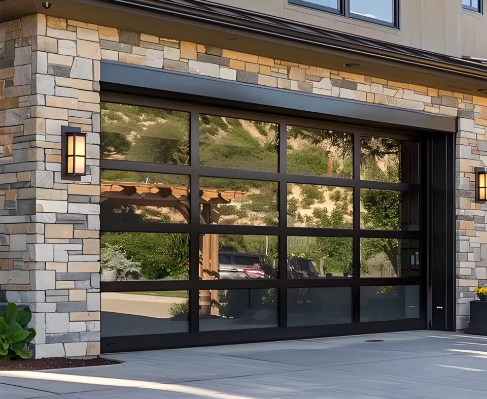 Edifort - Contemporary Aluminum Garage Door Clear Tempered Glass with Matt Black Finish