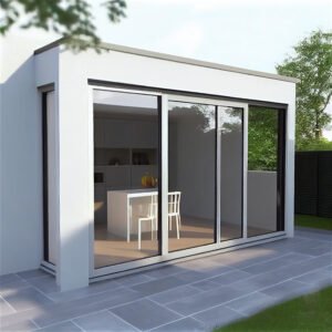 Home entrance with large glass sliding doors with lots of copy space, generative AI