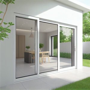 Home entrance with large glass sliding doors with lots of copy space, generative AI