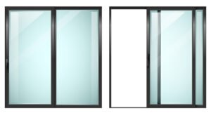Modern sliding metal black door or window. Vector with transparent glass