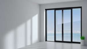 Sliding exterior door with two black shutters. Species panoramic window and terrace. 3d Illustration